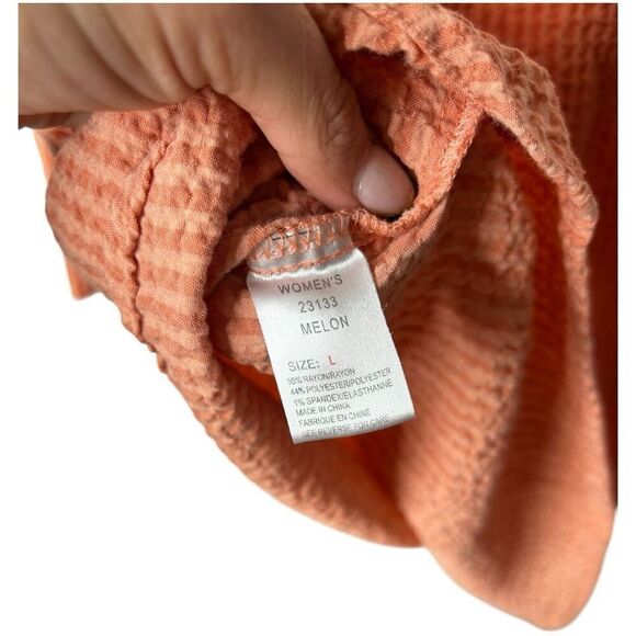 Woolrich Melon Orange Gauzy 3/4 Sleeve Blouse Size L Terracotta Textured - Picture 8 of 10